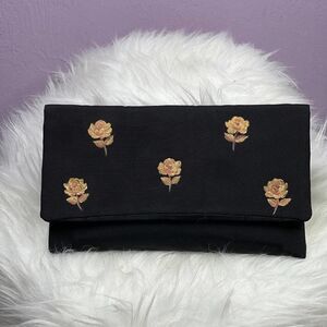 Vintage Black Hand Painted Gold Rose Evening Bag